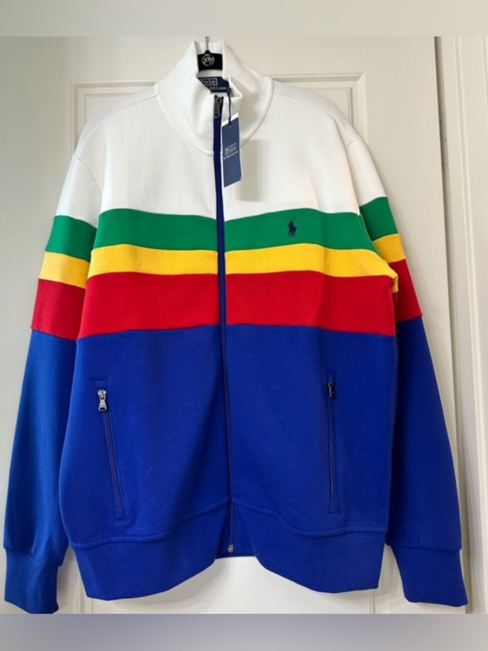 $148 Polo Ralph Lauren Men's Blue Striped Double-Knit Track Sweater Size M